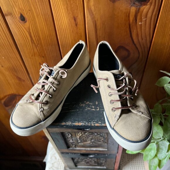 WOMEN'S SPERRY TOP SIDER BOAT SHOES KHAKI CANVAS  LEATHER SHOE STRINGS SZ 7.5 M - Picture 13 of 13